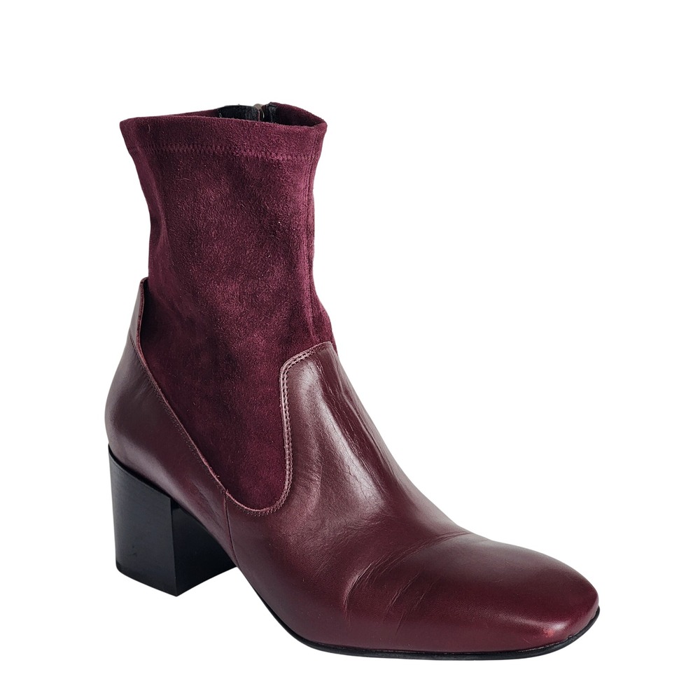 Aquatalia Womens Burgundy Leather Suede Square Toe Block Heel Boots 10 M Italy